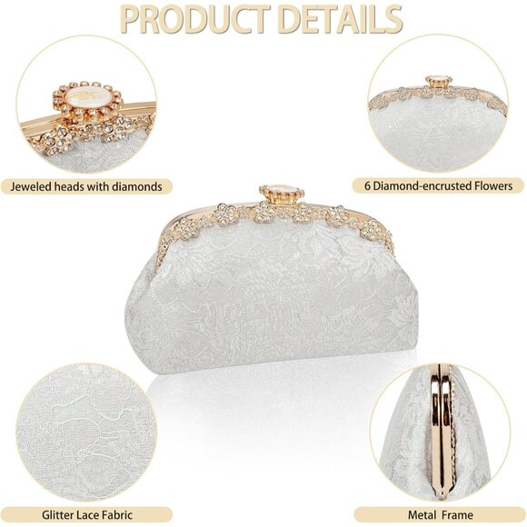⚡ Women's Silver Fabric Lace Pearl Chain Rhinestones Shoulder Clutch Bag - Picture 4 of 9